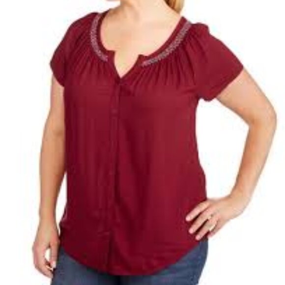 FADED GLORY Embroidered Detail Peasant Short Puff Sleeve Blouse Top Womens Large - Picture 1 of 4